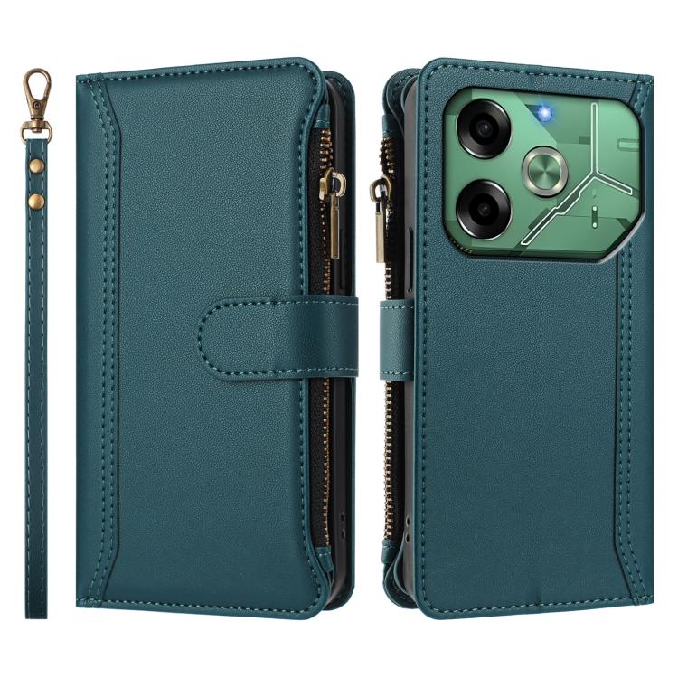 For Tecno Pova 6 4G Magnetic Closure 9 Card Slots Zipper Leather Case with Hand Strap