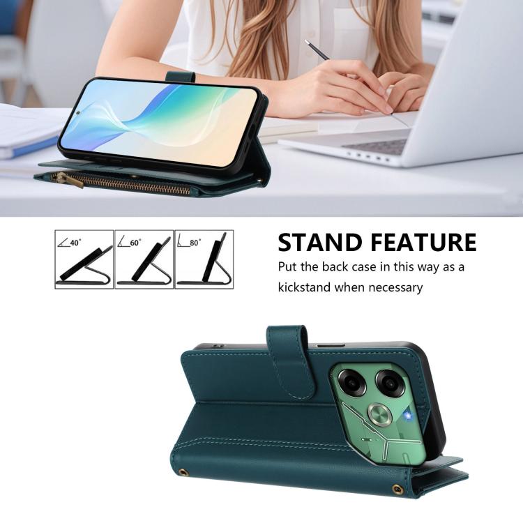 For Tecno Pova 6 4G Magnetic Closure 9 Card Slots Zipper Leather Case with Hand Strap
