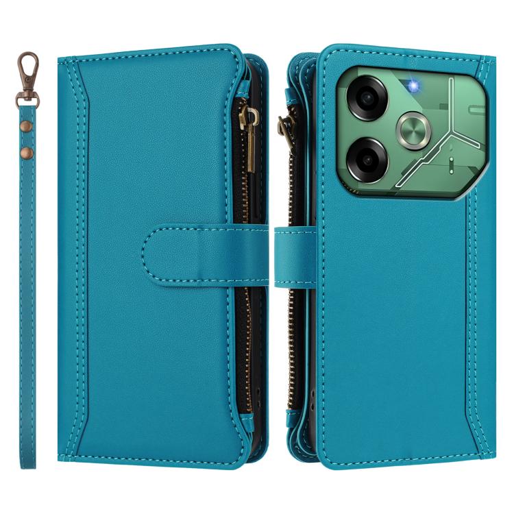 For Tecno Pova 6 4G Magnetic Closure 9 Card Slots Zipper Leather Case with Hand Strap