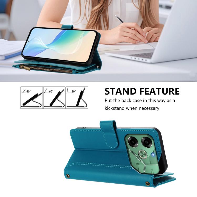 For Tecno Pova 6 4G Magnetic Closure 9 Card Slots Zipper Leather Case with Hand Strap