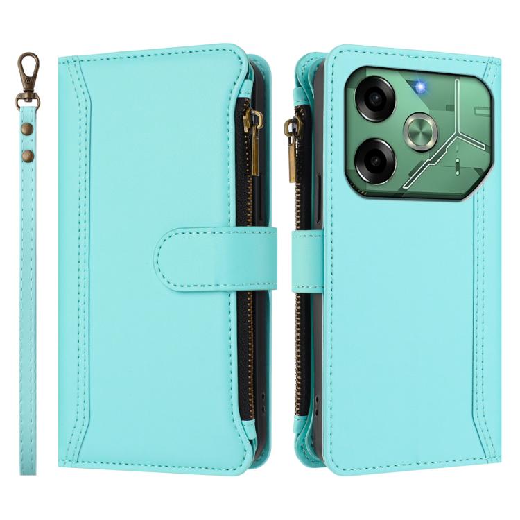 For Tecno Pova 6 4G Magnetic Closure 9 Card Slots Zipper Leather Case with Hand Strap