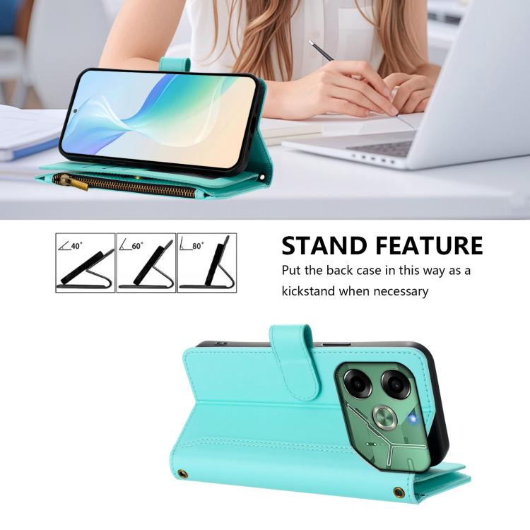 For Tecno Pova 6 4G Magnetic Closure 9 Card Slots Zipper Leather Case with Hand Strap