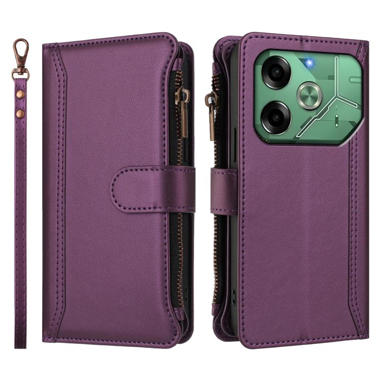 For Tecno Pova 6 4G Magnetic Closure 9 Card Slots Zipper Leather Case with Hand Strap