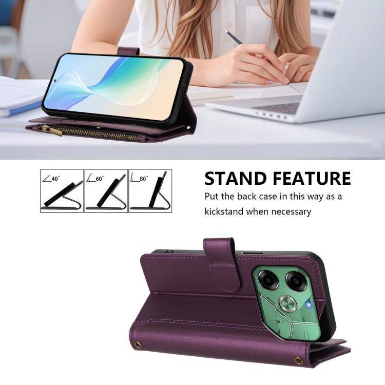 For Tecno Pova 6 4G Magnetic Closure 9 Card Slots Zipper Leather Case with Hand Strap