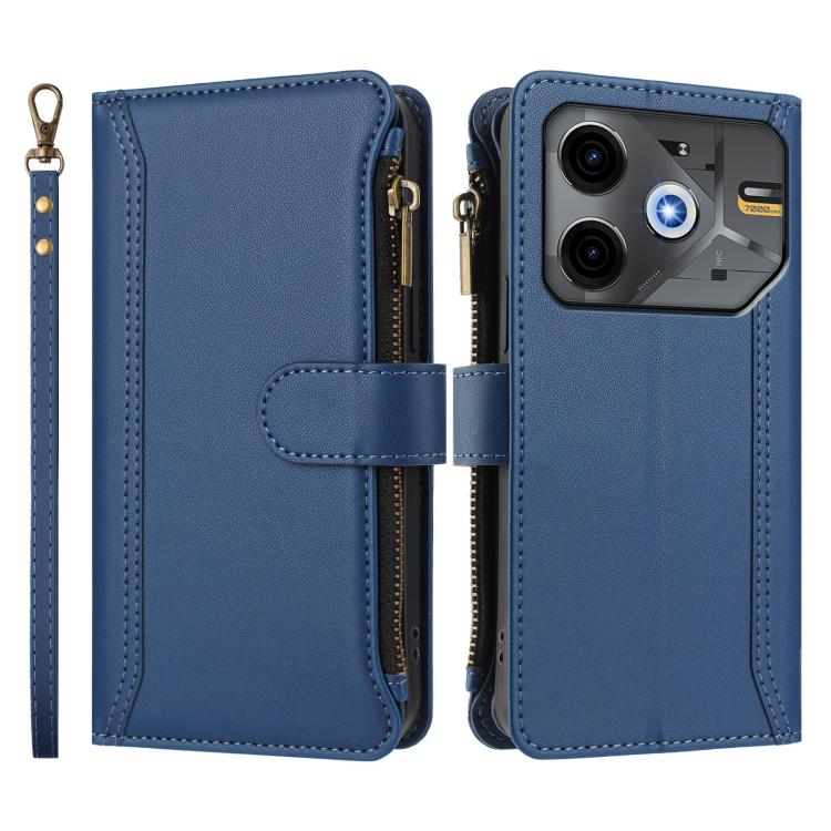 For Tecno Pova 6 Neo Magnetic Closure 9 Card Slots Zipper Leather Case with Hand Strap