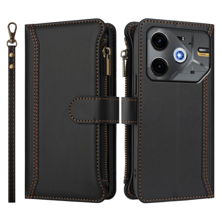 For Tecno Pova 6 Neo Magnetic Closure 9 Card Slots Zipper Leather Case with Hand Strap