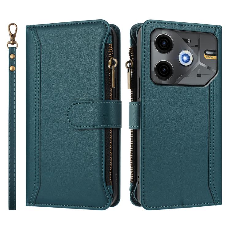 For Tecno Pova 6 Neo Magnetic Closure 9 Card Slots Zipper Leather Case with Hand Strap