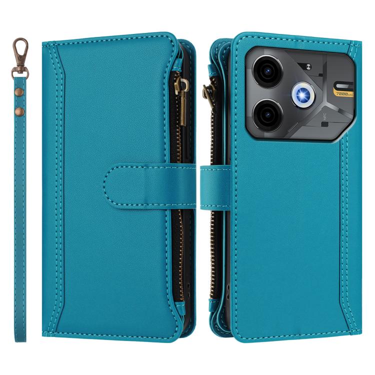 For Tecno Pova 6 Neo Magnetic Closure 9 Card Slots Zipper Leather Case with Hand Strap