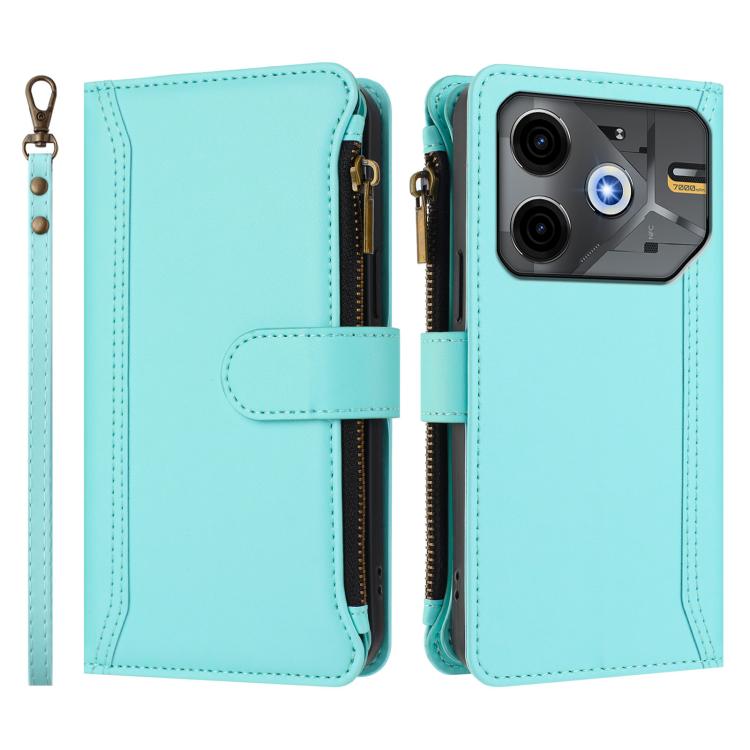 For Tecno Pova 6 Neo Magnetic Closure 9 Card Slots Zipper Leather Case with Hand Strap