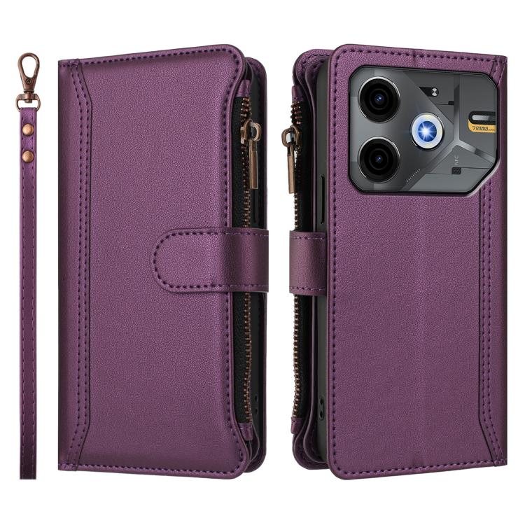 For Tecno Pova 6 Neo Magnetic Closure 9 Card Slots Zipper Leather Case with Hand Strap