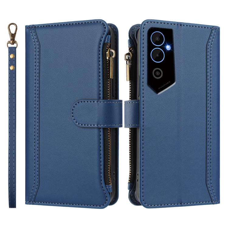 For Tecno Pova Neo 2 Magnetic Closure 9 Card Slots Zipper Leather Case with Hand Strap