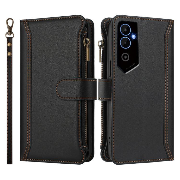 For Tecno Pova Neo 2 Magnetic Closure 9 Card Slots Zipper Leather Case with Hand Strap