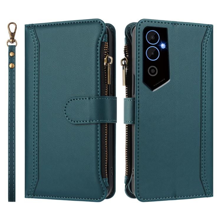 For Tecno Pova Neo 2 Magnetic Closure 9 Card Slots Zipper Leather Case with Hand Strap