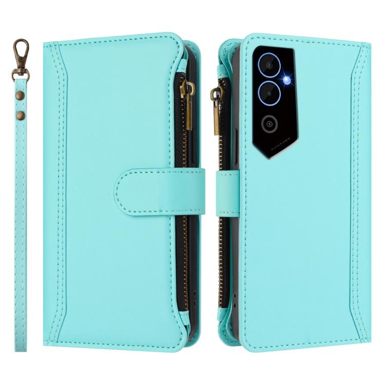 For Tecno Pova Neo 2 Magnetic Closure 9 Card Slots Zipper Leather Case with Hand Strap