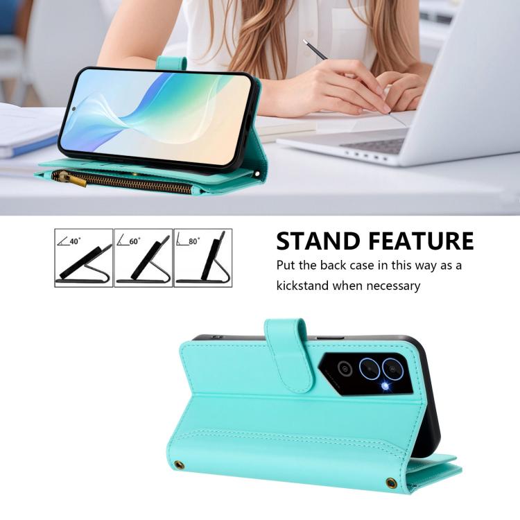 For Tecno Pova Neo 2 Magnetic Closure 9 Card Slots Zipper Leather Case with Hand Strap
