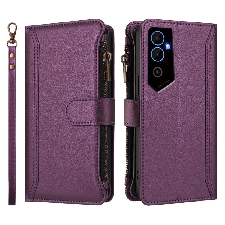 For Tecno Pova Neo 2 Magnetic Closure 9 Card Slots Zipper Leather Case with Hand Strap