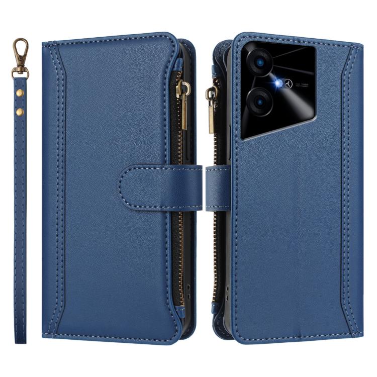 For Tecno Pova Neo 3 Magnetic Closure 9 Card Slots Zipper Leather Case with Hand Strap