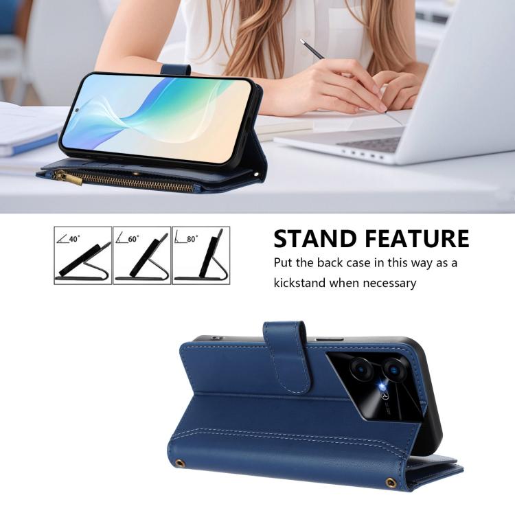 For Tecno Pova Neo 3 Magnetic Closure 9 Card Slots Zipper Leather Case with Hand Strap