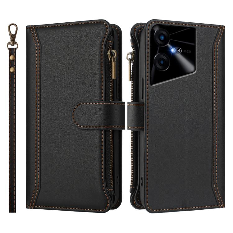 For Tecno Pova Neo 3 Magnetic Closure 9 Card Slots Zipper Leather Case with Hand Strap