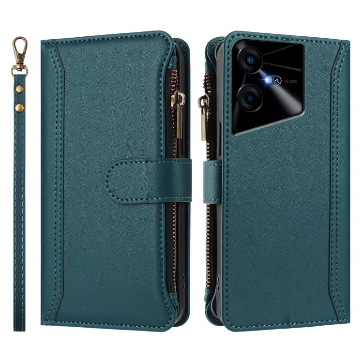For Tecno Pova Neo 3 Magnetic Closure 9 Card Slots Zipper Leather Case with Hand Strap