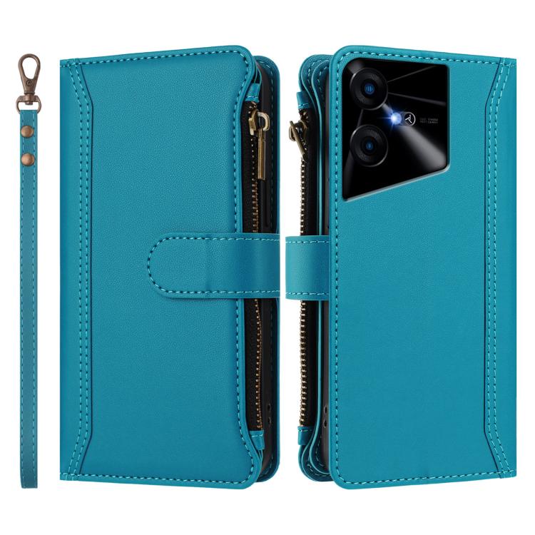 For Tecno Pova Neo 3 Magnetic Closure 9 Card Slots Zipper Leather Case with Hand Strap
