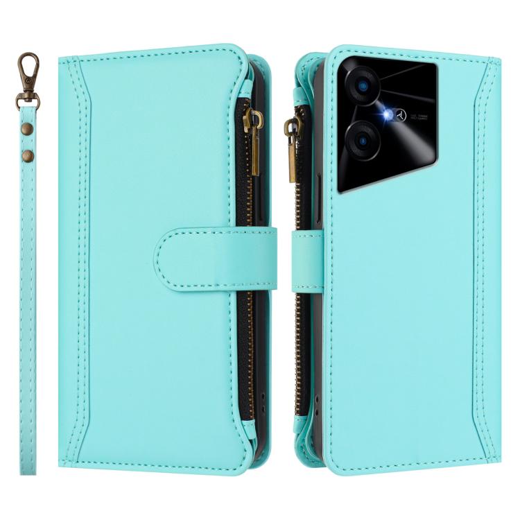 For Tecno Pova Neo 3 Magnetic Closure 9 Card Slots Zipper Leather Case with Hand Strap