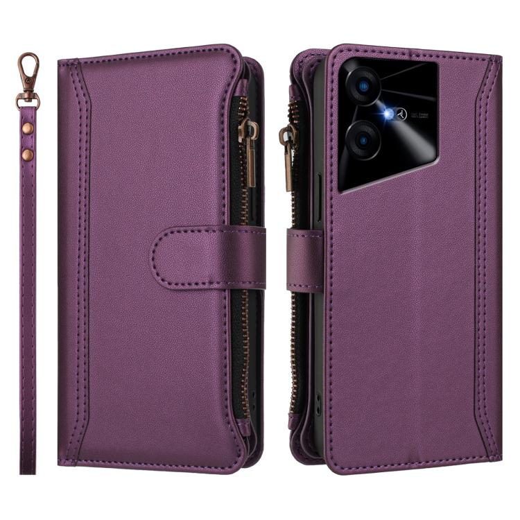 For Tecno Pova Neo 3 Magnetic Closure 9 Card Slots Zipper Leather Case with Hand Strap