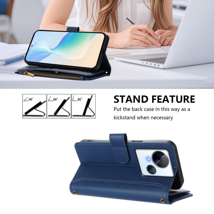 For Tecno Spark 10 5G Magnetic Closure 9 Card Slots Zipper Leather Case with Hand Strap