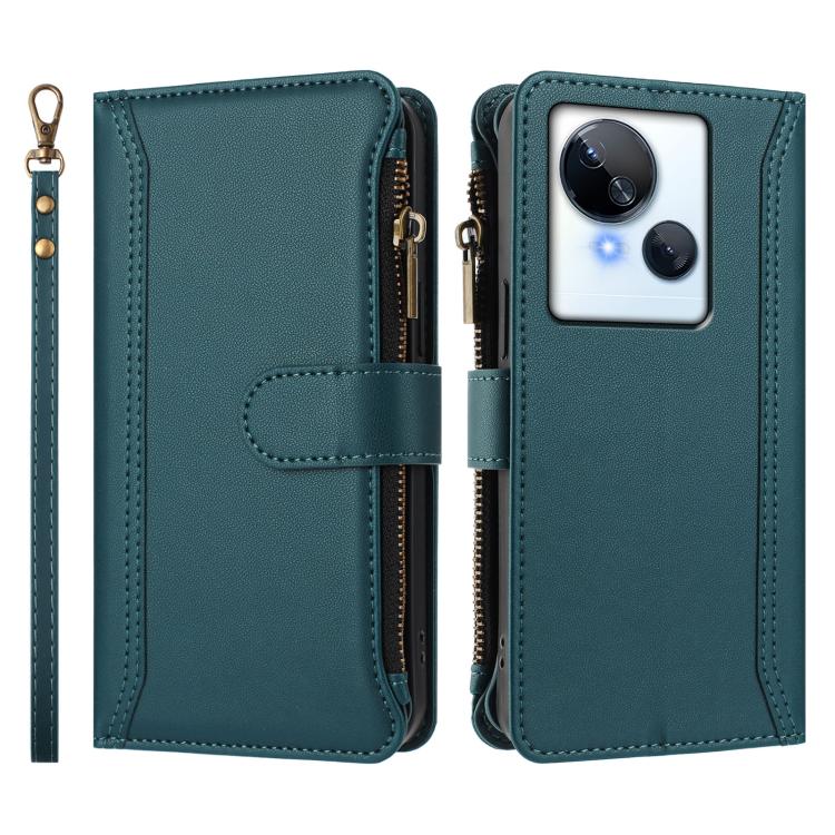 For Tecno Spark 10 5G Magnetic Closure 9 Card Slots Zipper Leather Case with Hand Strap