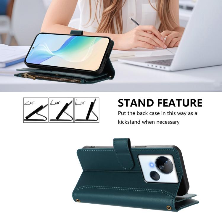 For Tecno Spark 10 5G Magnetic Closure 9 Card Slots Zipper Leather Case with Hand Strap