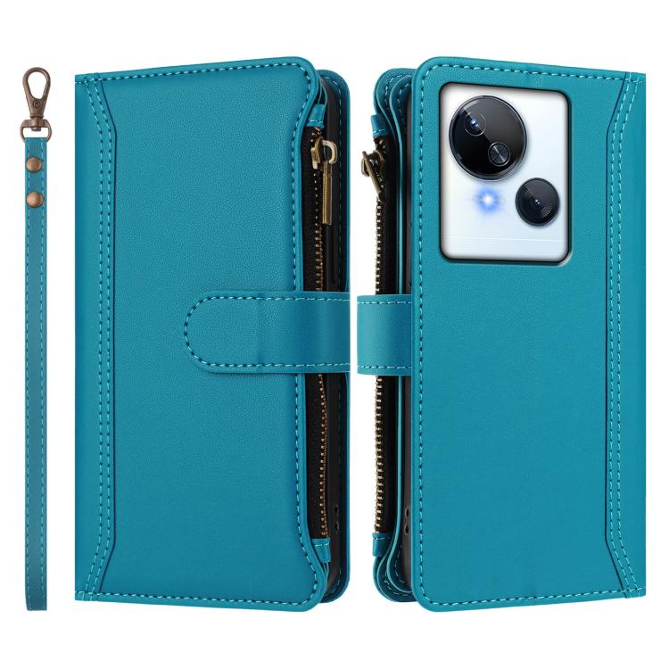 For Tecno Spark 10 5G Magnetic Closure 9 Card Slots Zipper Leather Case with Hand Strap