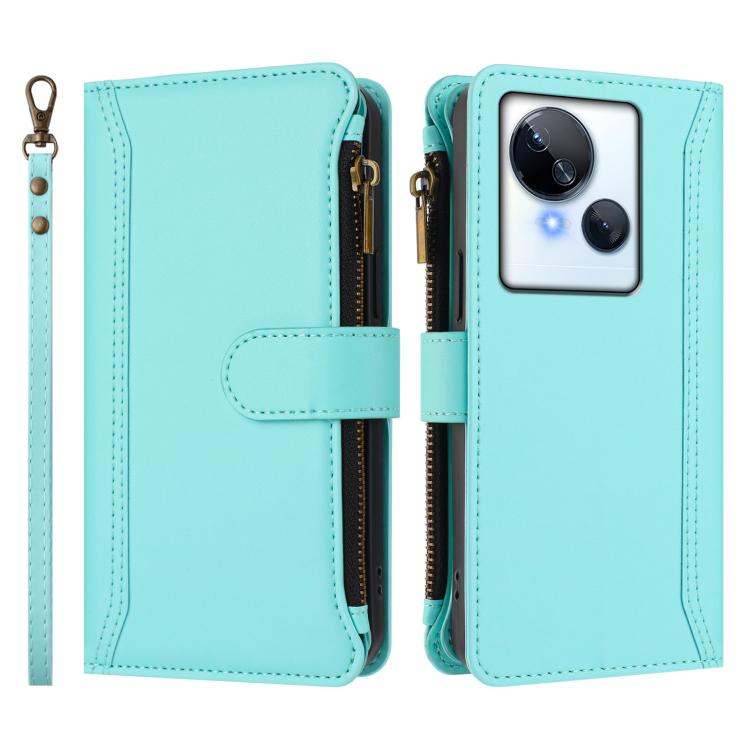 For Tecno Spark 10 5G Magnetic Closure 9 Card Slots Zipper Leather Case with Hand Strap