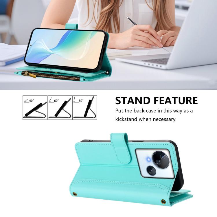 For Tecno Spark 10 5G Magnetic Closure 9 Card Slots Zipper Leather Case with Hand Strap