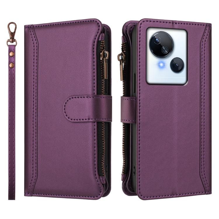 For Tecno Spark 10 5G Magnetic Closure 9 Card Slots Zipper Leather Case with Hand Strap