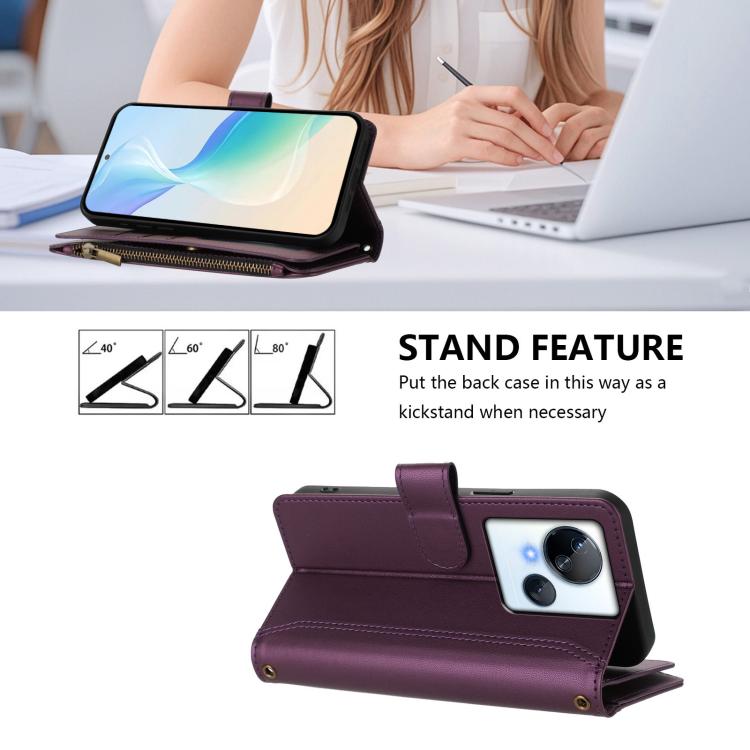 For Tecno Spark 10 5G Magnetic Closure 9 Card Slots Zipper Leather Case with Hand Strap