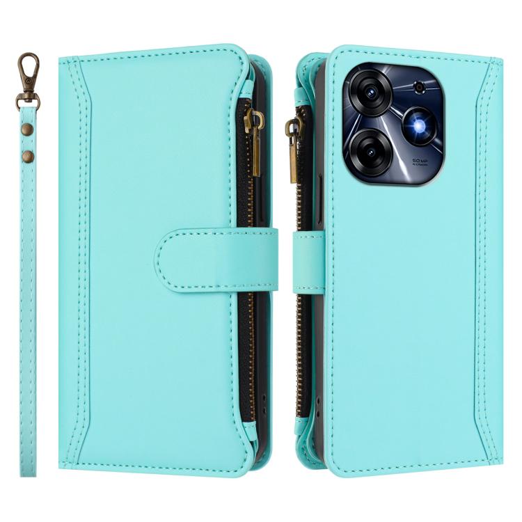 For Tecno Spark 10 Pro 4G Magnetic Closure 9 Card Slots Zipper Leather Case with Hand Strap