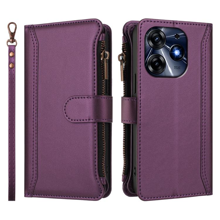 For Tecno Spark 10 Pro 4G Magnetic Closure 9 Card Slots Zipper Leather Case with Hand Strap