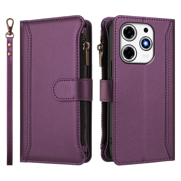 For Tecno Spark 10 Pro Magic Magenta Magnetic Closure 9 Card Slots Zipper Leather Case with Hand Strap