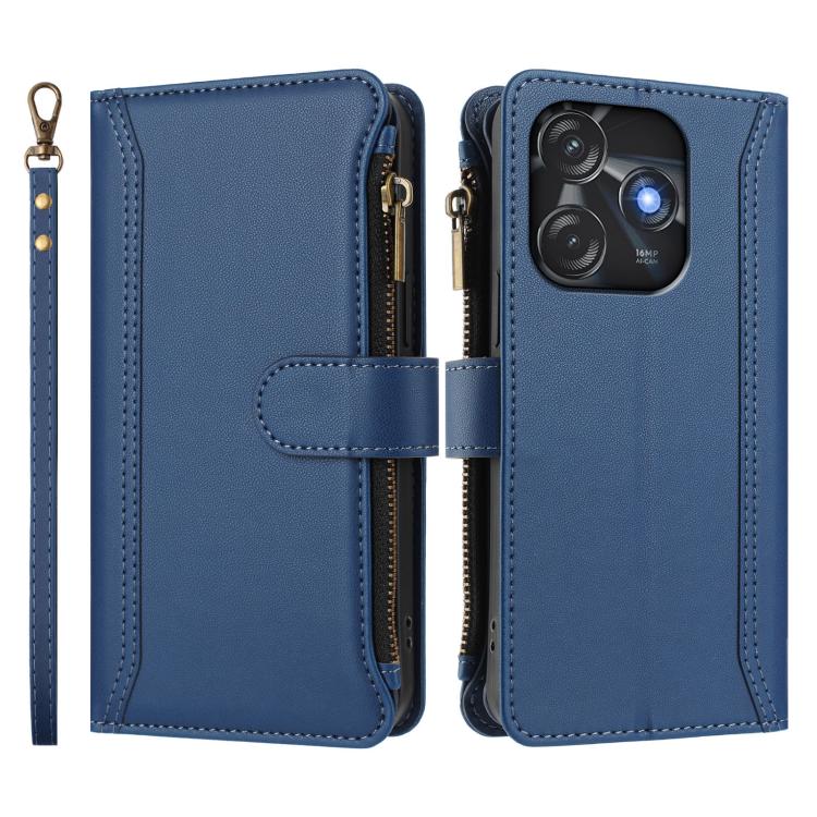 For Tecno Spark 10C / Spark 10 4G Magnetic Closure 9 Card Slots Zipper Leather Case with Hand Strap