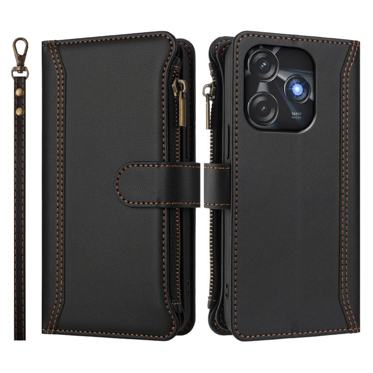 For Tecno Spark 10C / Spark 10 4G Magnetic Closure 9 Card Slots Zipper Leather Case with Hand Strap
