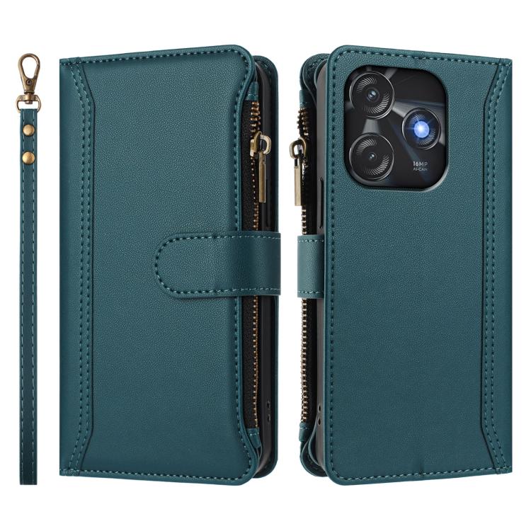 For Tecno Spark 10C / Spark 10 4G Magnetic Closure 9 Card Slots Zipper Leather Case with Hand Strap