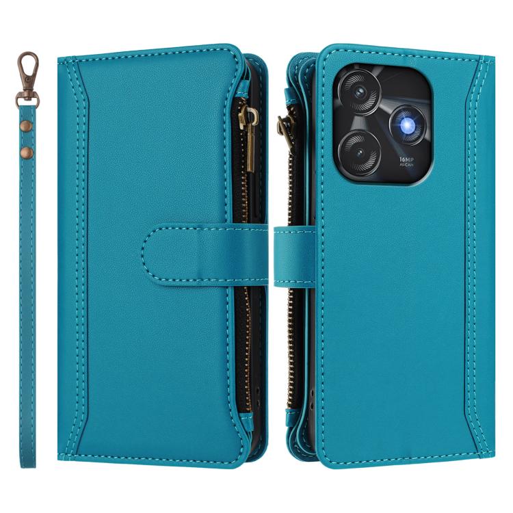 For Tecno Spark 10C / Spark 10 4G Magnetic Closure 9 Card Slots Zipper Leather Case with Hand Strap