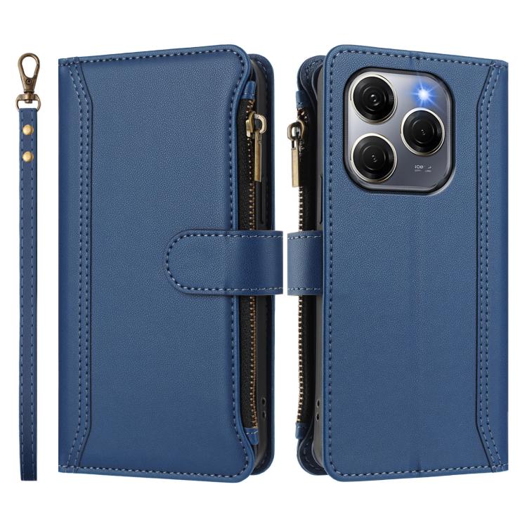 For Tecno Spark 20 Pro 5G Magnetic Closure 9 Card Slots Zipper Leather Case with Hand Strap