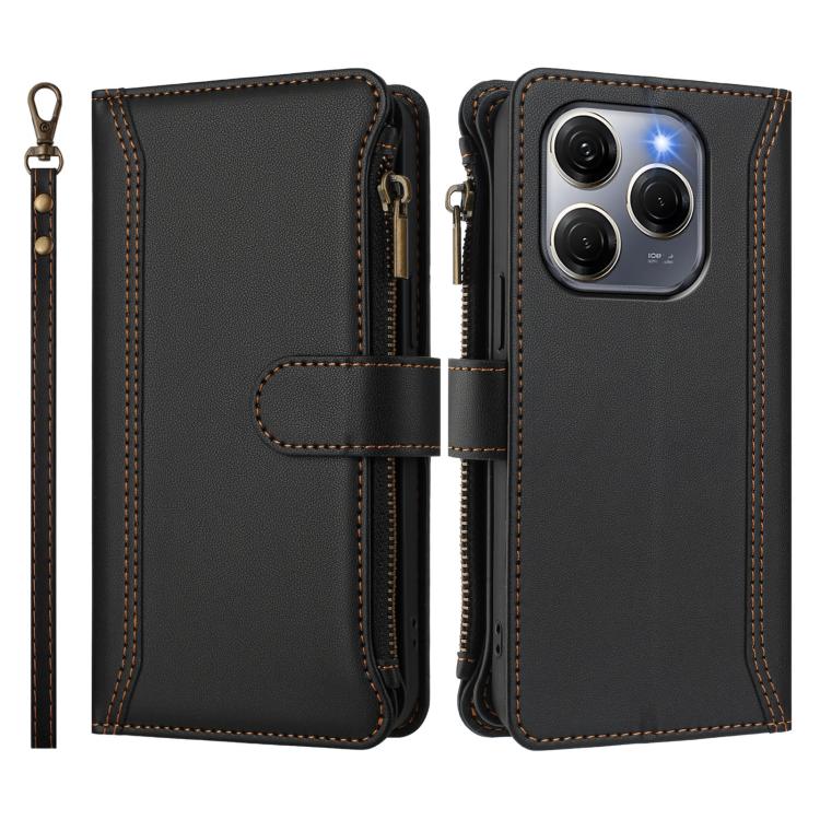 For Tecno Spark 20 Pro 5G Magnetic Closure 9 Card Slots Zipper Leather Case with Hand Strap