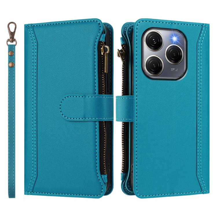 For Tecno Spark 20 Pro 5G Magnetic Closure 9 Card Slots Zipper Leather Case with Hand Strap