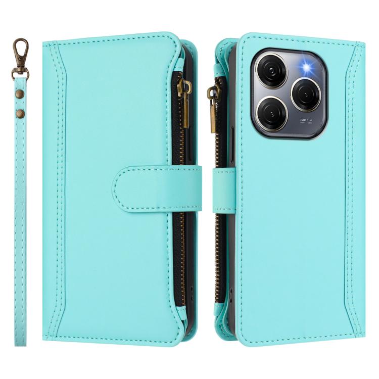 For Tecno Spark 20 Pro 5G Magnetic Closure 9 Card Slots Zipper Leather Case with Hand Strap