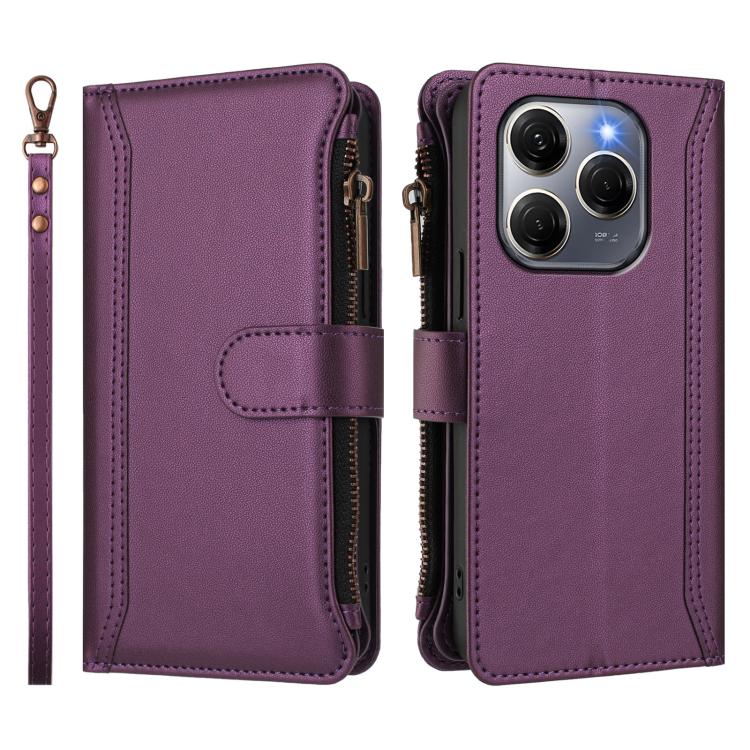 For Tecno Spark 20 Pro 5G Magnetic Closure 9 Card Slots Zipper Leather Case with Hand Strap