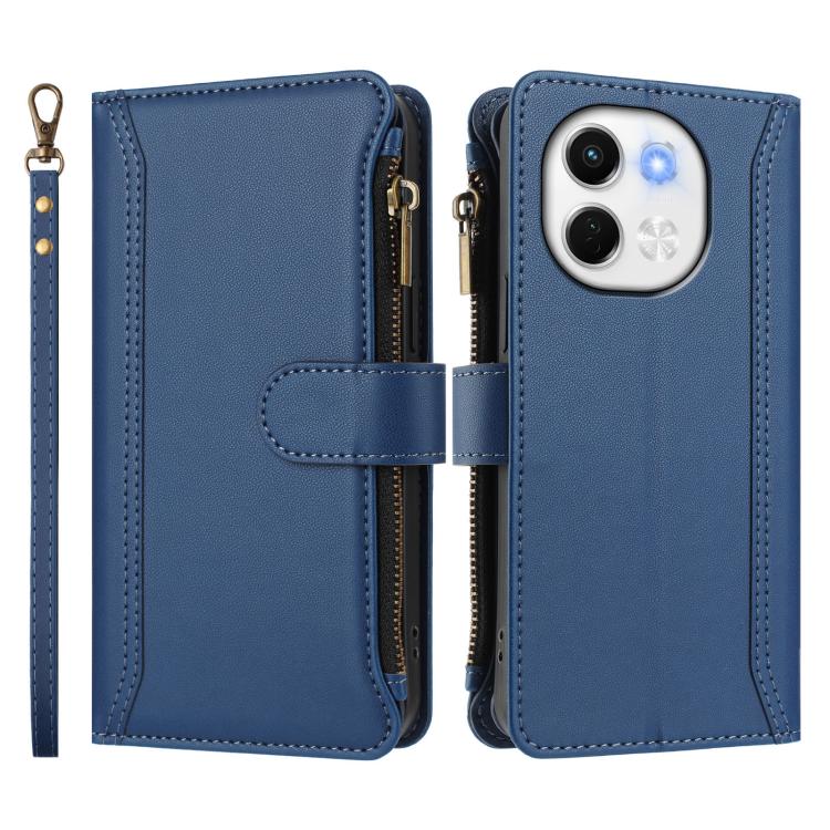 For Tecno Spark 30 5G Magnetic Closure 9 Card Slots Zipper Leather Case with Hand Strap
