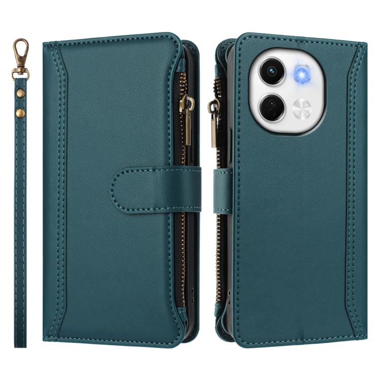 For Tecno Spark 30 5G Magnetic Closure 9 Card Slots Zipper Leather Case with Hand Strap