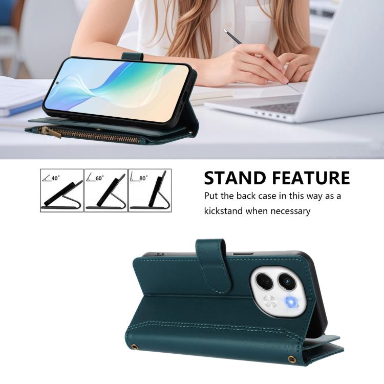 For Tecno Spark 30 5G Magnetic Closure 9 Card Slots Zipper Leather Case with Hand Strap